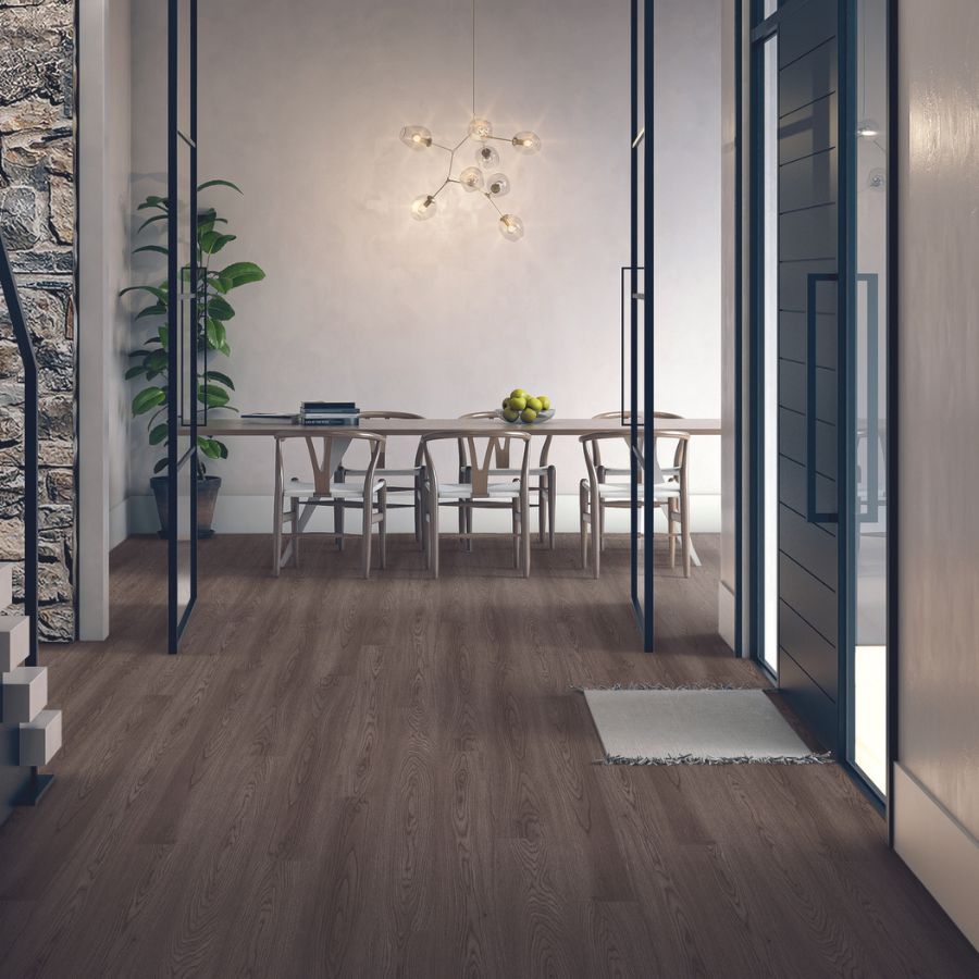 laminate flooring in entryway and dining room space